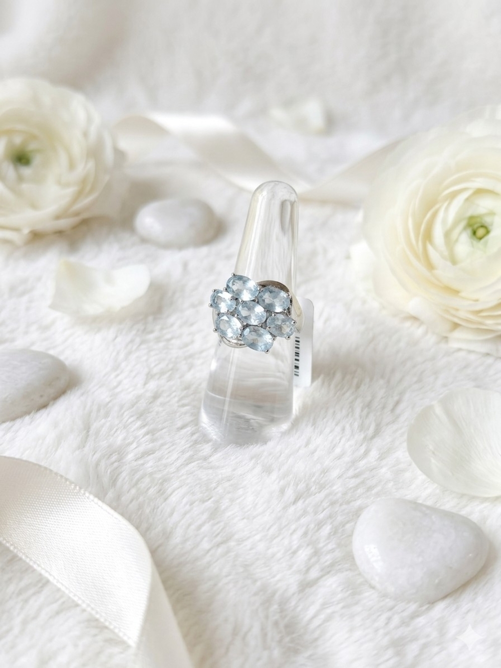 Sterling Silver Light Blue Aquamarine Cluster Ring - Women Jewelry